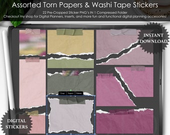 Lovely Torn Papers and Washi Kit PNG Stickers Digital Planner Scrapbooking ClipArt Planning Desk Scene Mockup Creator GoodNotes