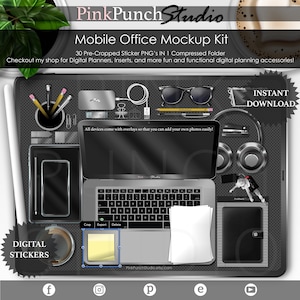 Könnte beinhalten: Ein digitales Planer-Mockup-Kit mit 30 vorab zugeschnittenen Sticker-PNGs in einem komprimierten Ordner. Das Kit enthält einen Laptop, ein Smartphone, eine Kaffeetasse, Kopfhörer und andere Büroartikel. Der Text "INSTANT DOWNLOAD" ist in der oberen rechten Ecke sichtbar.
