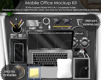 Black and Silver Mobile Office Mockup Kit PNG Digital Planner Stickers Planning Precropped Scrapbooking ClipArt Top View Desk Scene Creator
