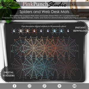 May include: A digital download of 20 assorted pre-cropped web and spider stickers in 10 colors. The stickers are perfect for digital planners, inserts, and other digital planning accessories. The image shows a variety of web and spider designs in a variety of colors.