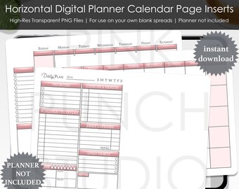 Horizontal Digital Planner Calendar Page Inserts Transparent PNG Build Your Own Planner Daily Weekly Monthly Sunday and Monday Start Undated