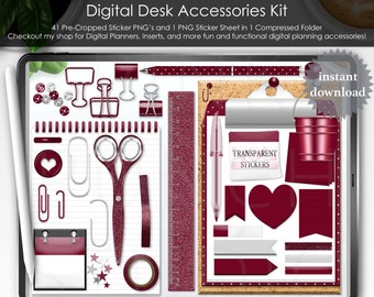 Burgundy Red Wine Desk Accessories Digital Scrapbooking Planning Planner Precropped Transparent PNG Clip Art Stickers Top View Desk Mockup