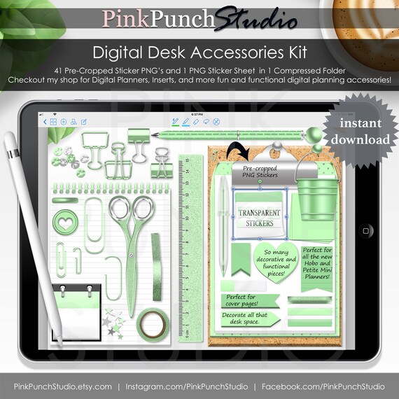 Mint Green Desk Accessories Kit Digital Planner Precropped Etsy