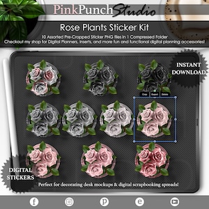 Girl Boss Pink Gray Rose Plants Set PNG Clip Art Pegatinas para Digital Planner Scrapbooking Desk Mockup Scene Creator con archivo GoodNotes