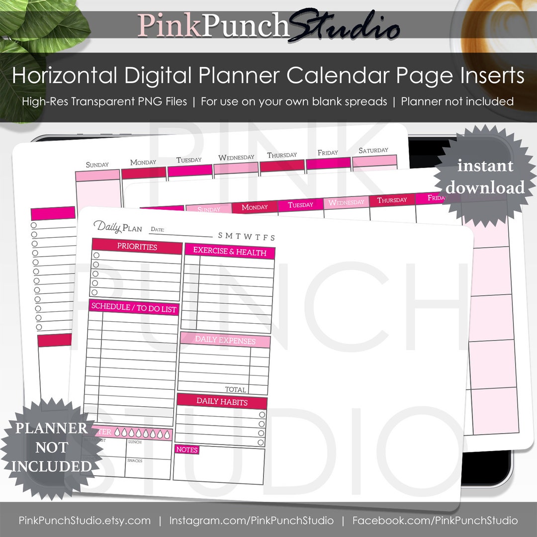 Horizontal Digital Planner Calendar Page Inserts Transparent PNG Build ...