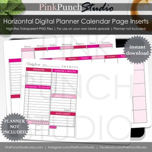 Horizontale digitale planner kalenderpagina voegt transparante PNG in Bouw uw eigen planner dagelijks wekelijks maandelijkse zondag en maandag start ongedateerd