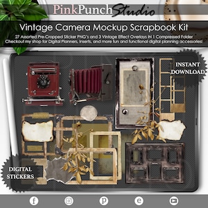 May include: A digital scrapbook kit with vintage camera and frame stickers. The kit includes 27 pre-cropped sticker PNGs and 3 vintage effect overlays. The stickers are perfect for digital planners, inserts, and other digital planning accessories.