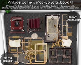 May include: A digital scrapbook kit with vintage camera and frame stickers. The kit includes 27 pre-cropped sticker PNGs and 3 vintage effect overlays. The stickers are perfect for digital planners, inserts, and other digital planning accessories.