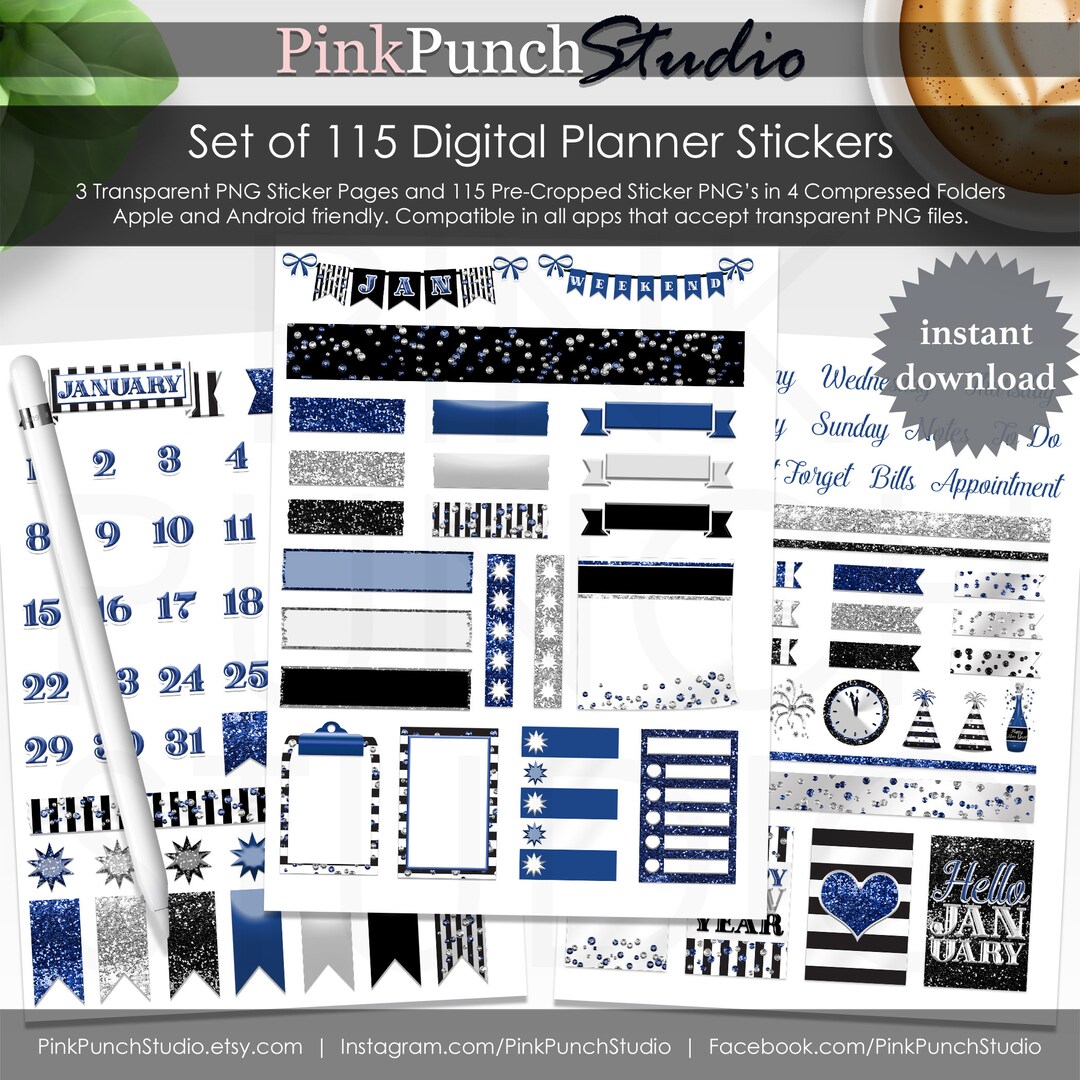 Blue Silver New Year January Monthly Digital Planner Stickers Kit ...