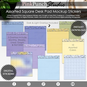 Può includere: Un mockup di un planner digitale con 10 adesivi PNG pre-ritagliati per blocchi notes da scrivania e 10 sovrapposizioni PNG chiare e scure. Gli adesivi sono in una varietà di colori e motivi, tra cui mensile, settimanale, rigato, grafico e griglia a punti. Il testo "Download immediato" è in una forma a stella.