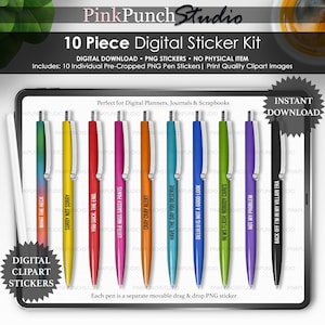 May include: A digital sticker kit featuring ten colorful pens with humorous phrases. The pens are displayed on a tablet, perfect for digital planners and journals. The kit includes individual PNG stickers and clipart images.