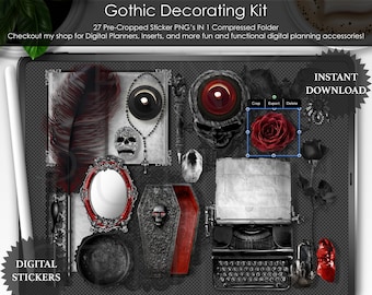 Kit de décoration gothique Planification numérique Précadré Transparent PNG Scrapbooking ClipArt Planner Stickers Maquette Bureau Scene Creator Flat Top View