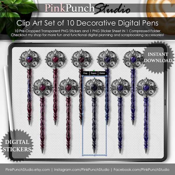 Yes Queen Purple Blue Red Jewel Pens with Crowns PNG Sticker Kit ClipArt Digital Planner Scrapbooking Top View Desk Scene Creator GoodNotes