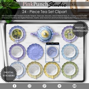 Clipart de Conjunto de Chá para Agendas Digitais | Kit PNG com 24 Peças com Bule, Xícaras e Chá de Ervas | Adesivos "Miosótis" para Scrapbooking