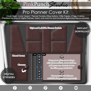 May include: A digital Pro Planner Cover Kit mockup with brown leather-like textures. The kit includes planner pockets, ring options, filler papers, and overlays. Text includes "PinkPunchStudio" and "Digital Stickers".