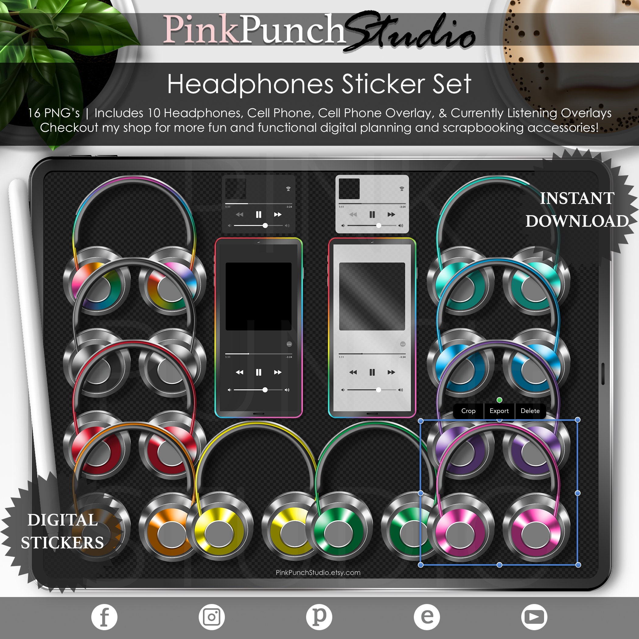 Primary Headphones Cell Phone Stickers Kit Top Flat View Mockup Digital Planner Planning Journal PNG Files Scrapbooking ClipArt GoodNotes