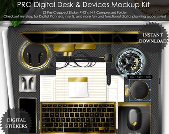 Gold PRO Digital Desk and Devices Mockup Kit PNG Planner Stickers Planning Precropped Scrapbooking ClipArt Top View Scene Creator Month Note