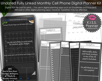 Blackout Monthly Cell Phone KISS Planner PPS Digital Planning Kit Undated 2021 Monthly Weekly Daily Overlays Hyperlinked PDF Virtual Desktop