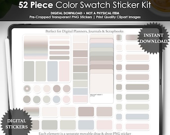 Adesivos de Amostras de Cores com Reinicialização Suave | Adesivos Neutros para Planejadores | 52 Amostras de Cores em PNG para Planejamento Digital, Diários e Álbuns de Recortes