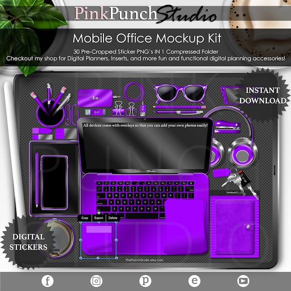 Neon Purple Mobile Office Mockup Kit PNG Digital Planner Stickers Planning Precropped Scrapbooking ClipArt Top View Desk Scene Creator