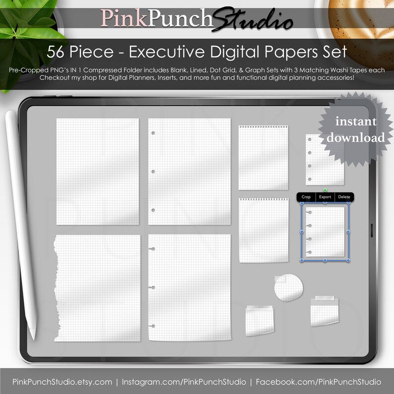 Executive Digital Papers Kit Precropped Transparent PNG Files Scrapbooking ClipArt Planner Planning Dot Grid Graph Lined Blank Notes Pages
