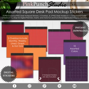 May include: Digital planner stickers for use in digital planners. The set includes 10 pre-cropped PNG desk notepad stickers, 5 overlays, and 2 PNG desk holders. The overlays include monthly, weekly, lined, graph, and dot grid patterns. The stickers are in assorted colors, including red, orange, purple, and black.