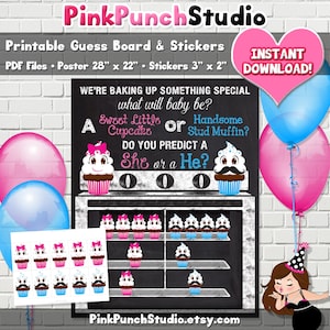 Cupcake or Stud Muffin Voting Game Board Printable Team Blue Team Pink Boy Girl Gender Reveal Party Poster PDF File Stickers Tags Markers