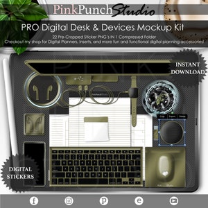 Olive Green PRO Digital Desk and Devices Mockup Kit PNG Planner Stickers Planning Precropped Scrapbooking ClipArt Top View Scene Creator