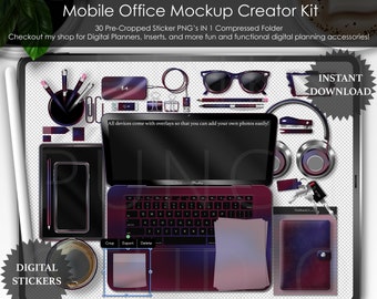 Yes Queen Mobile Office Mockup Kit PNG Digital Planner Stickers Scrapbooking ClipArt Top Flat View Desk Scene Creator Goodnotes