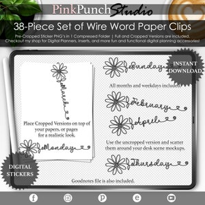 Puede incluir: Un conjunto de descarga digital de 38 clips de papel con palabras de alambre. El conjunto incluye versiones completas y recortadas de los clips, con meses, días de la semana y diseños florales. El texto de la imagen dice "Pegatinas digitales" y "Descarga instantánea".