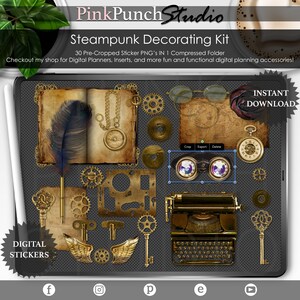 Steampunk-dekorpaket Digital planering Förbeskuren PNG Scrapbooking ClipArt Planner Stickers Mockup Skrivbordsscenskapare Plattvy