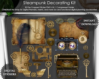 Kit de décoration Steampunk Planification numérique Précadré PNG Scrapbooking ClipArt Planner Stickers Maquette Bureau Scene Creator Flat Top View