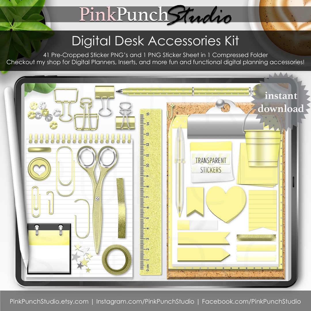Pastel Yellow Desk Accessories Kit Digital Scrapbooking Planning