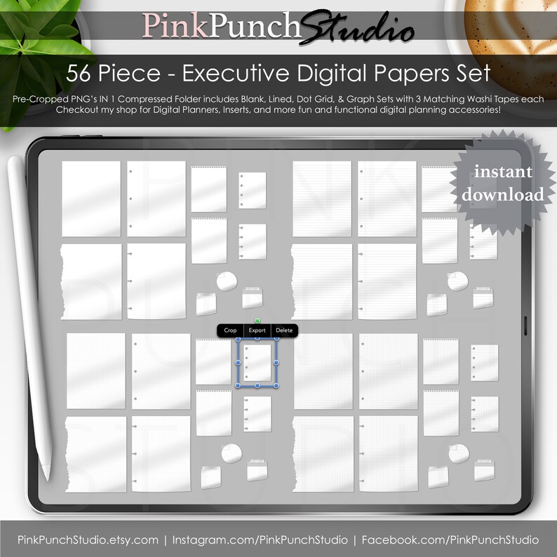 Executive Digital Papers Kit Precropped Transparent PNG Files Scrapbooking ClipArt Planner Planning Dot Grid Graph Lined Blank Notes Pages