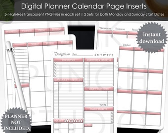 Digital Planner Calendar Page Inserts Transparent PNG Files Build Your Own Planner Daily Weekly Monthly Sunday and Monday Start Undated