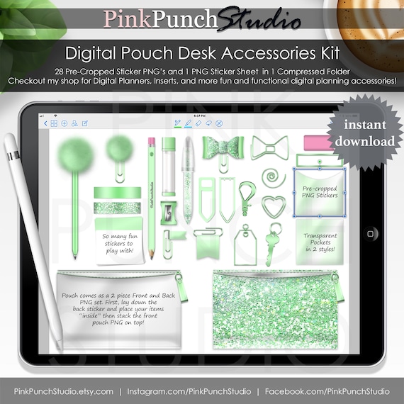 Mint Green Glitter Pouch Desk Kit Digital Planner Planning