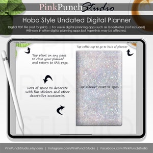 May include: A digital planner on a tablet, shown with a stylus. The planner cover has a sparkly, glittery design. Text on the screen explains how to navigate the planner, including tapping the coffee cup to go back and the plant to close.