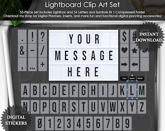 Caixa de luz branca com letras e símbolos em PNG - Adesivos e imagens para planejamento digital, scrapbooking e diários. Arquivo para Goodnotes incluído.