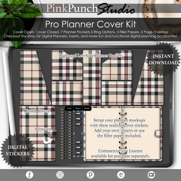 Beige Tartan Plaid Pro Planner Cover Kit Digital Planning PNG Stickers Rings Pockets Lined Blank Dot Grid Graph Inserts Notebook Mockup