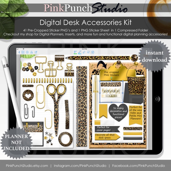 Leopard Desk Accessories Kit Digital Planner Precropped Etsy