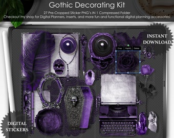 Lila gotisk dekorkit digital planering PNG-klistermärken scrapbooking clipart-planerare mockup skrivbordsscen skapare platt toppvy GoodNotes