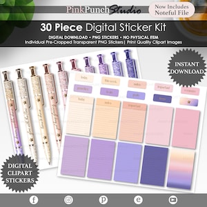 May include: A digital sticker kit with a variety of stickers and pens. The stickers include notepads, labels, and gradient backgrounds in shades of pink, purple, and peach. The pens are gold with glitter and inspirational phrases.
