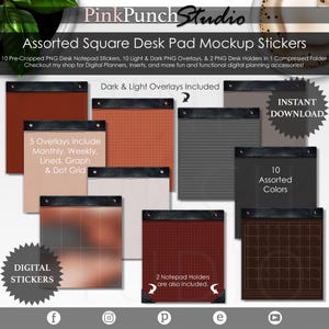 May include: Digital planner mockup stickers with 10 pre-cropped PNG desk notepad stickers, 10 light and dark PNG overlays, and 2 PNG desk holders. The image shows a variety of colors and patterns, including red, brown, gray, and black. The text "Dark & Light Overlays Included" and "Instant Download" is visible in the image.