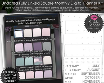 Lilac Love Purple Green Square Undated Monthly KISS Planner DIY Digital Perpetual Calendar Planning Kit Hyperlinked PDF Weekly Daily