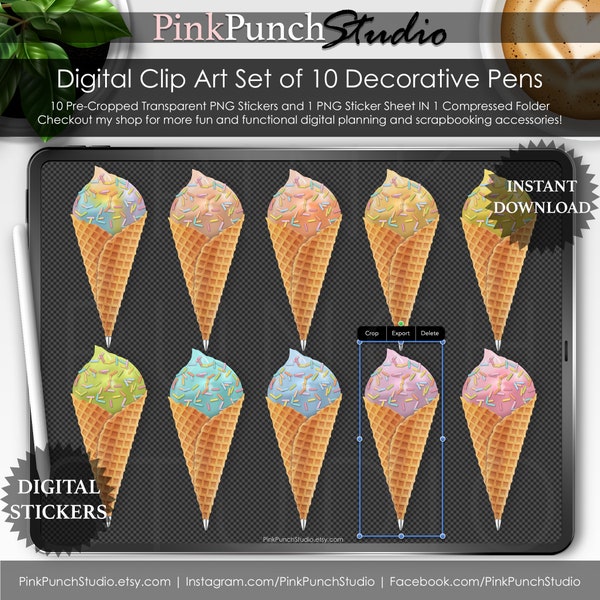 Just Sherbet Ice Cream Pens Clip Art Set PNG Fichiers Planificateur numérique Planification Autocollants Mémoire Scrapbooking Kit Bureau Maquette Vue plate GoodNotes