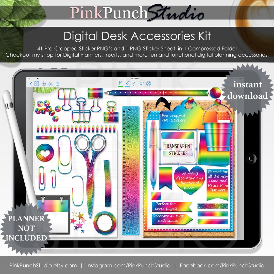Rainbow Desk Accessories Kit Digital Planner Precropped Etsy