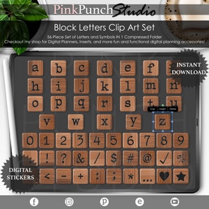 Bloco de madeira médio letras e símbolos PNG adesivos Clip Art para planejamento digital Scrapbooking e diários Arquivo Goodnotes incluído