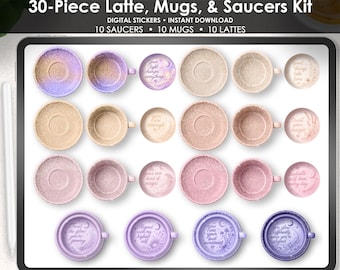 Latte Mug Saucer Digital Stickers, Coffee Clipart PNG, GoodNotes Sticker Book, Noteful Digital Planner Stickers