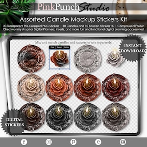 May include: A digital sticker set of 10 candle and saucer mockups. The candles are rose-shaped and come in various colors, including beige, brown, gray, and black. The saucers are ornate and have a metallic finish. The stickers are transparent and can be used in digital planners, inserts, and other digital planning accessories.