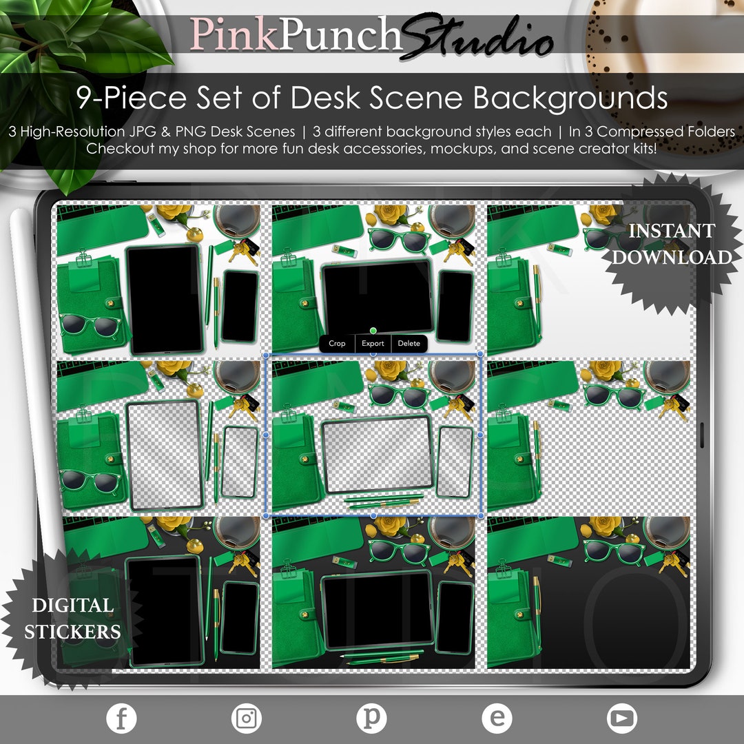 Primary Green Gold Desk Scene Background Set Pre Made Tablet Etsy